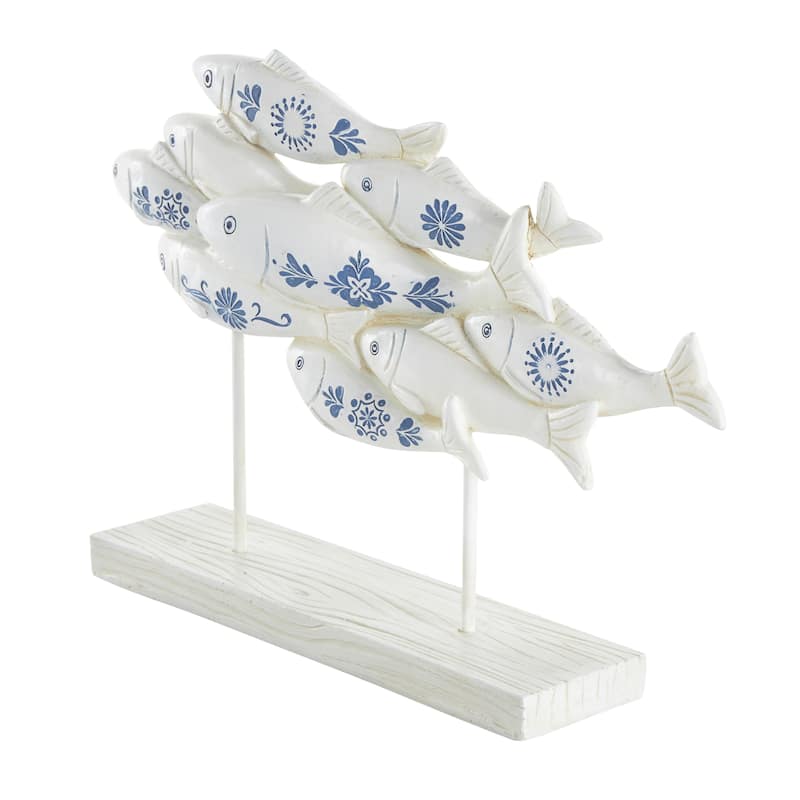 Polystone Fish Decorative Sculpture with Blue Floral Patterns and Stand - White - Roche River Decor