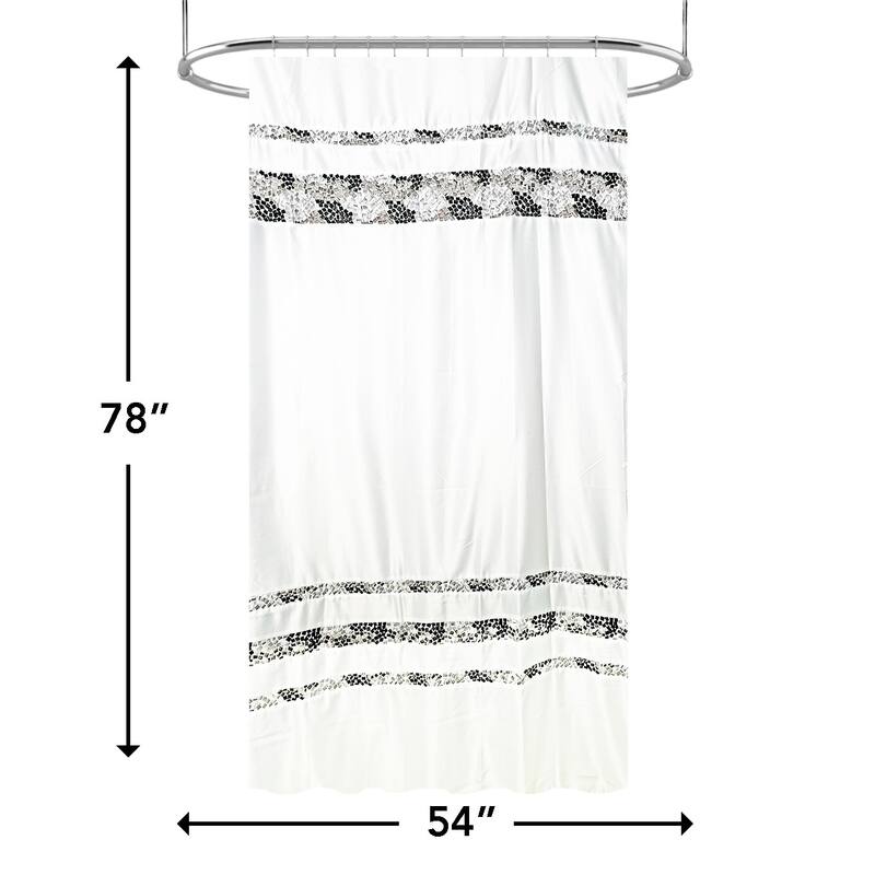 Spa Tile White Soft Fabric Shower Curtain with Multicolor Embroidered Tile Bands