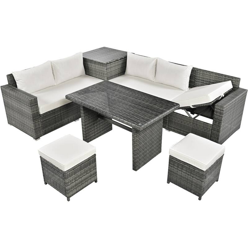 Roomfitters 6-Piece All-Weather PE Rattan Patio Sofa Set with Adjustable Seats, Storage Box and Glass Top Table