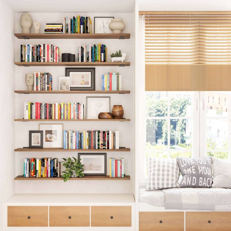 Wallniture Palm 60 Inch Long Floating Shelf for Wall, Kitchen and Living Room Decor, Bookshelf, Home Organization, Burnt, 2 Pcs