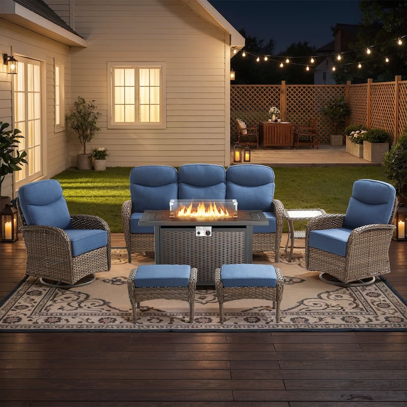 Pocassy Outdoor Sofa Swivel Chair and Ottman with 43in Fire Pit Table - Brown Wicker Blue Cushion - 7-Piece Sofa Swivel Chiar Ottoman with Fire Table
