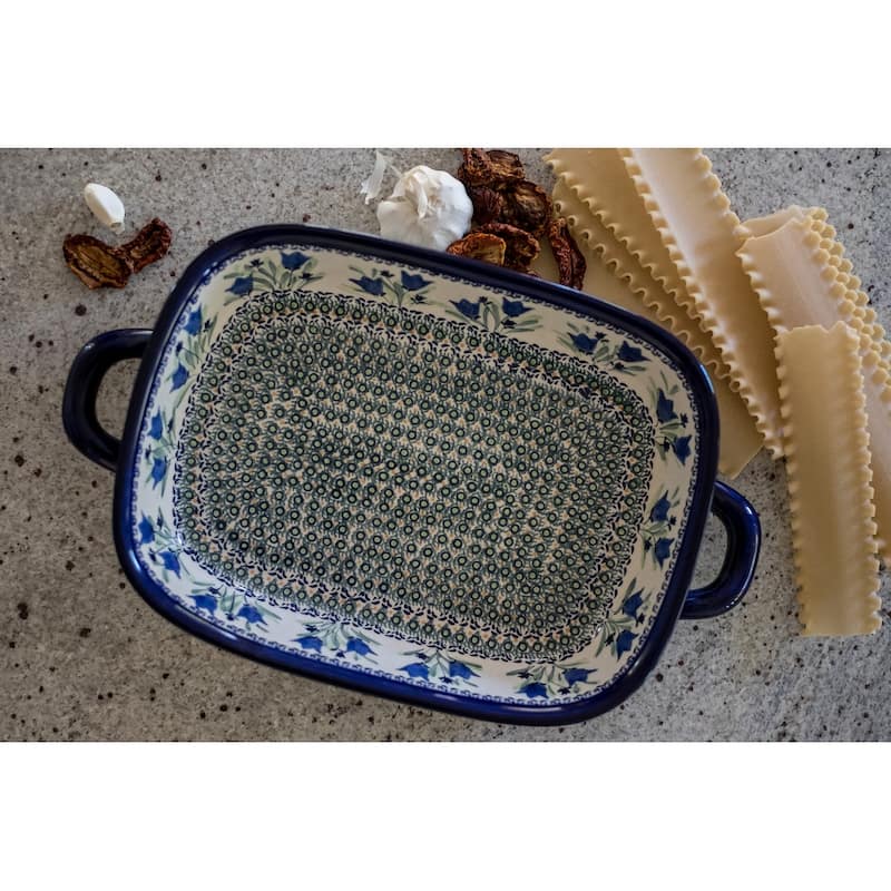 Blue Rose Polish Pottery 1345 Zaklady Large Baker with Handles