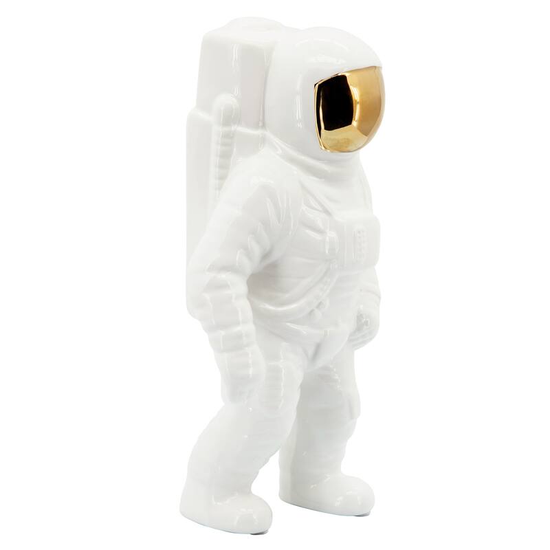 11" Ceramic Astronaut Sculpture Contemporary Modern Metallic Statuette Table Decor For Home or Office Space - 6" x 4" x 11" - White