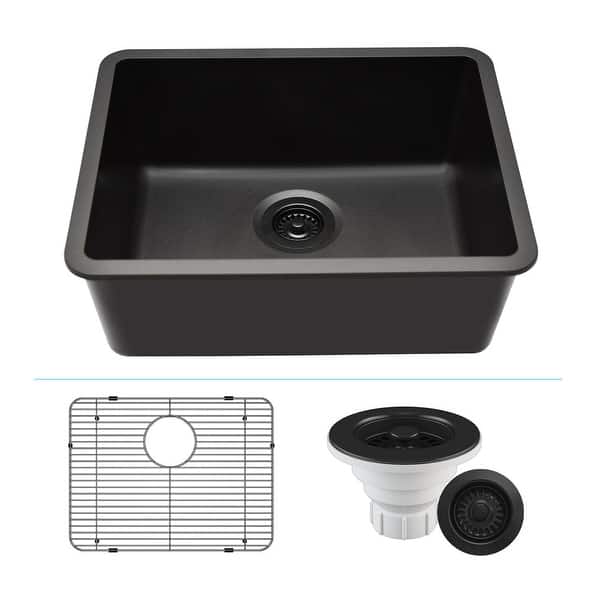 slide 2 of 10, Lexicon Undermount Quartz 23 Inch Single Bowl Kitchen Sink Kit Galaxy Black