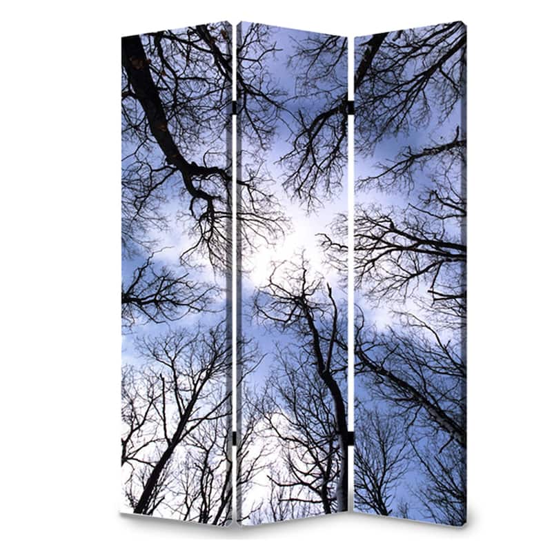 3 Panel Foldable Canvas Screen with Tree Print, Black - 6 x 12
