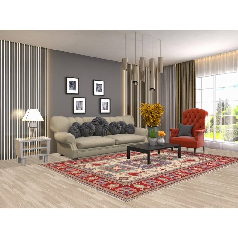 Hand Knotted Oriental 100% Wool Carpet Traditional Geometric Beige & Ivories Kazak Area Rug - 9' 8'' X 6' 6''
