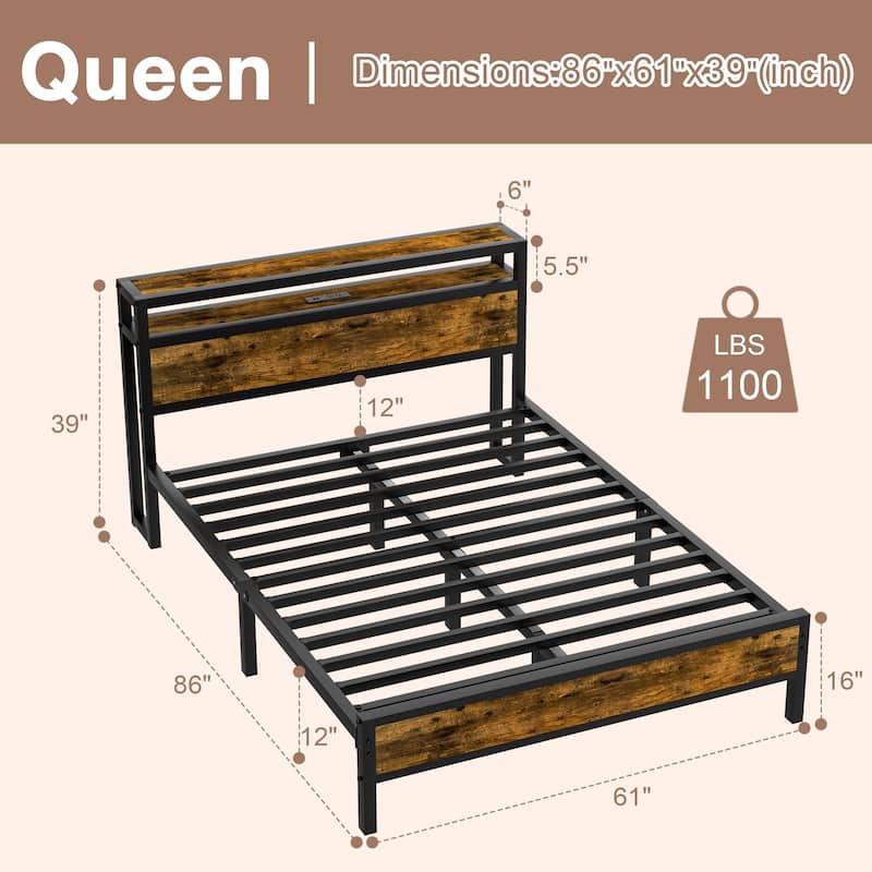 Bed Frame with Charging Station No Box Spring Needed