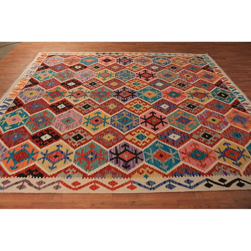 Geometric Kilim Oriental Area Rug Hand-Woven Multi-Color Wool Carpet - 8'9"x 9'7"