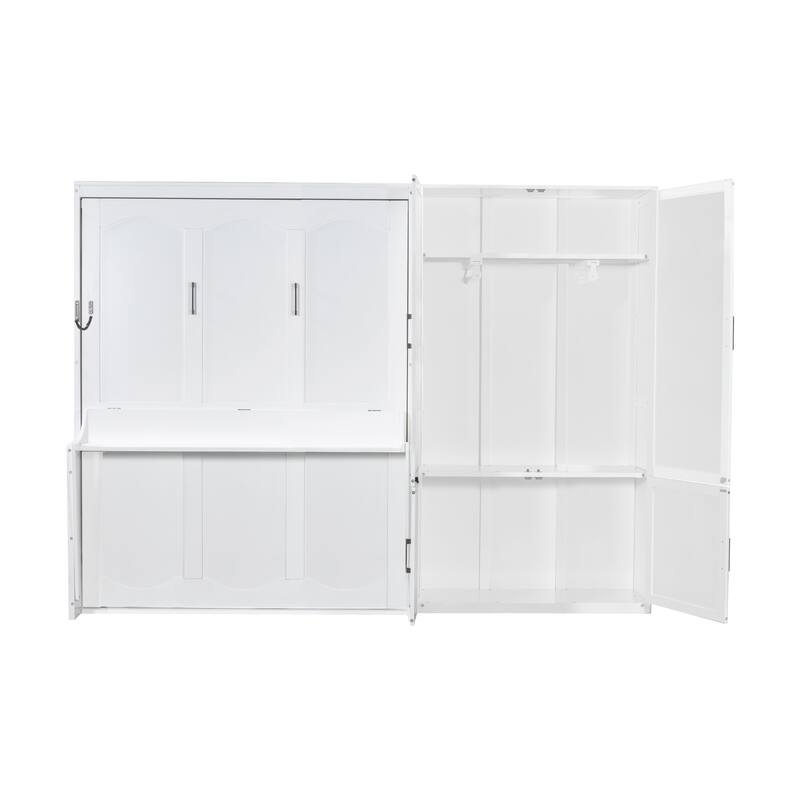 Roomfitters Queen Size Murphy Bed with Closet, Hydraulic Lift Wall Bed with Storage Cabinet, White