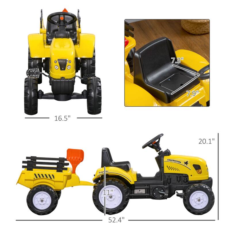 Kids Ride-On Farm Tractor with Pedals, Rear Trailer, Shovel & Rake, Horn for Boys & Girls Aged 3+ - Yellow