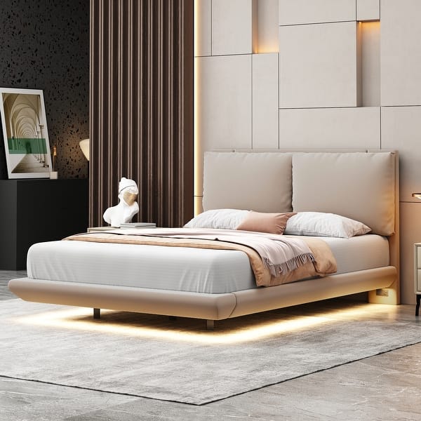 slide 2 of 18, Full Size Upholstered Platform Bed with Sensor Light and 2 Large Backrests, Stylish Platform Bed with 2 sets of USB Port