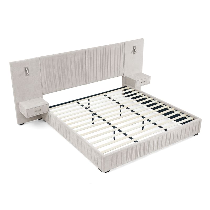 Chenille Upholstered Pleated Platform Bed Frame Wingback Headboard with Side Tables and Adjustable Lamps