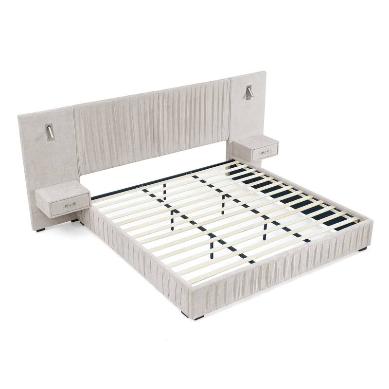 King Size Upholstered Platform Bed with Headboard, Bedside Table, and Adjustable Lamps, Beige