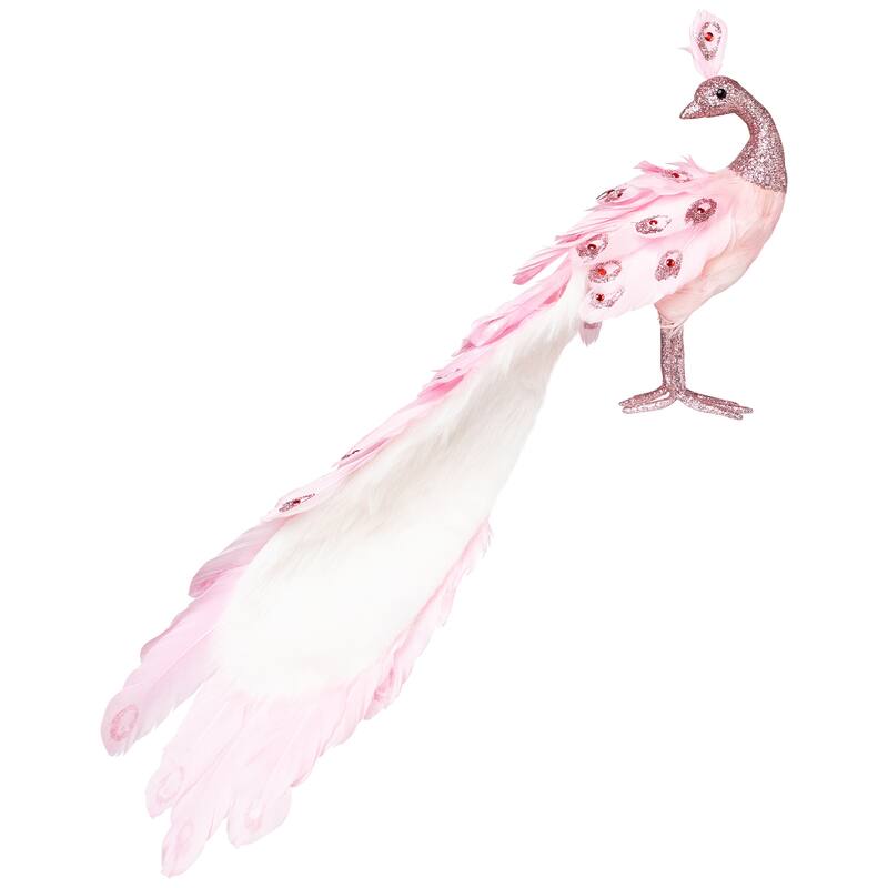 Peacock with Glitter and Faux Jewels Christmas Decoration - 20" - Light Pink