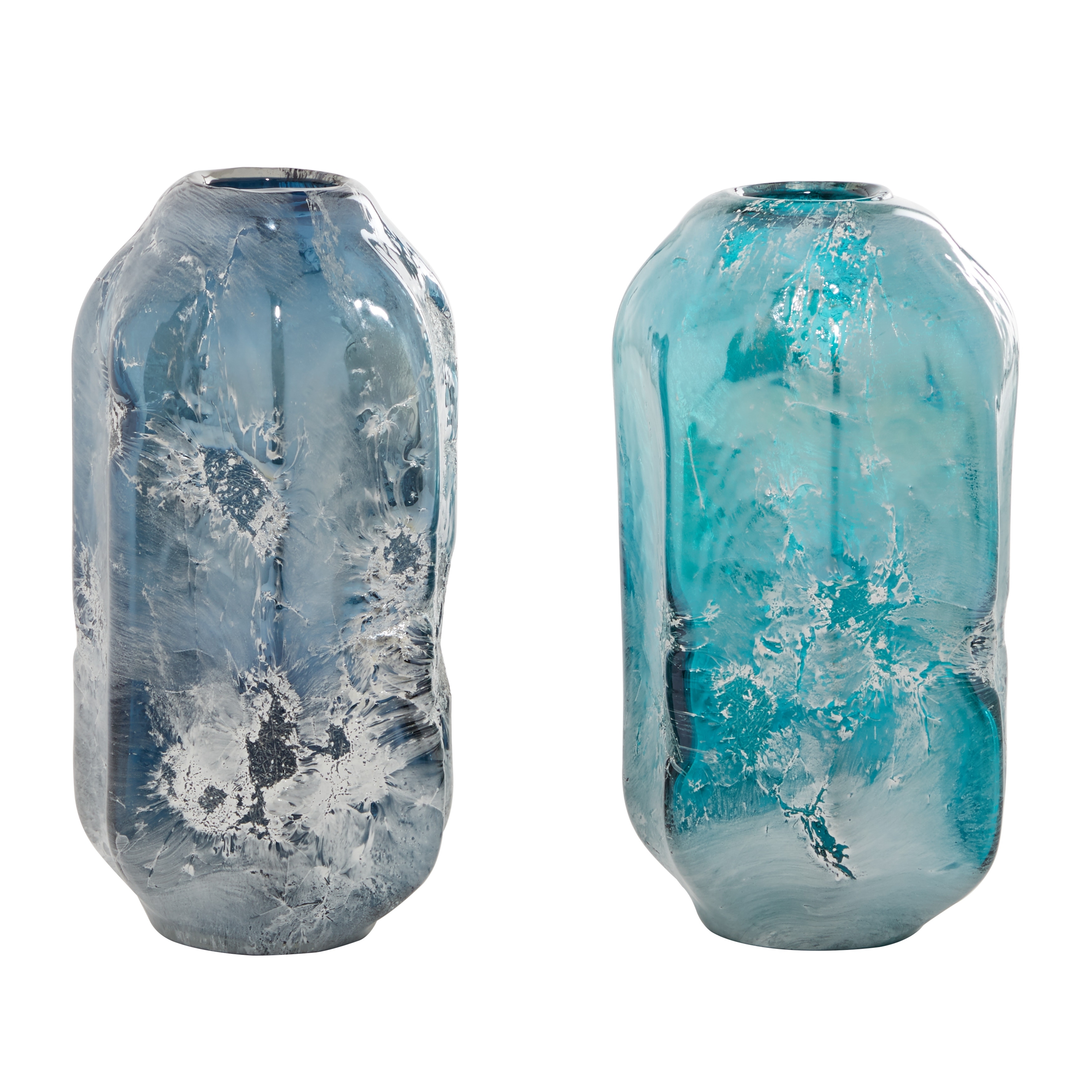 Glass Handmade Blown Vase - Set of 2 Blue - Roche River Decor - 6"W x 6"L x 12"H