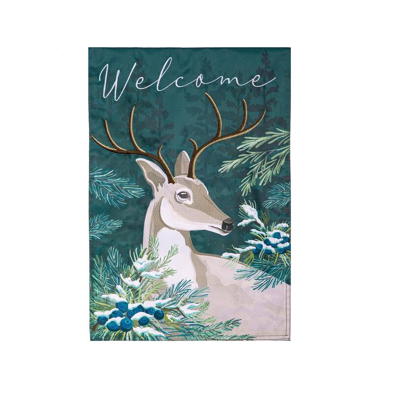 28 in. x 44 in. Woodland Deer Welcome Applique House Flag