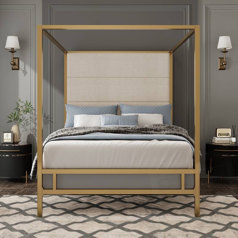 Metal 4-Poster Bed Frame Modern Canopy Upholstered Bed with Tall Upholstered Headboard - King - Gold