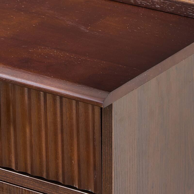 Mid-Century Modern Makeup Vanity Desk Set Includes Dressing Table & Stool, Sliding Makeup Mirror with 3-Color LED Light, Walnut