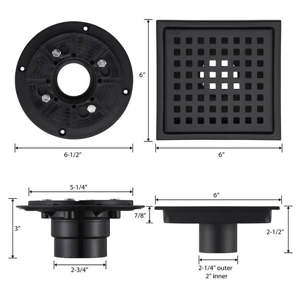 dimension image slide 2 of 4, Luxier FD01 6 in. x 6 in. Stainless Steel Square Shower Floor Drain