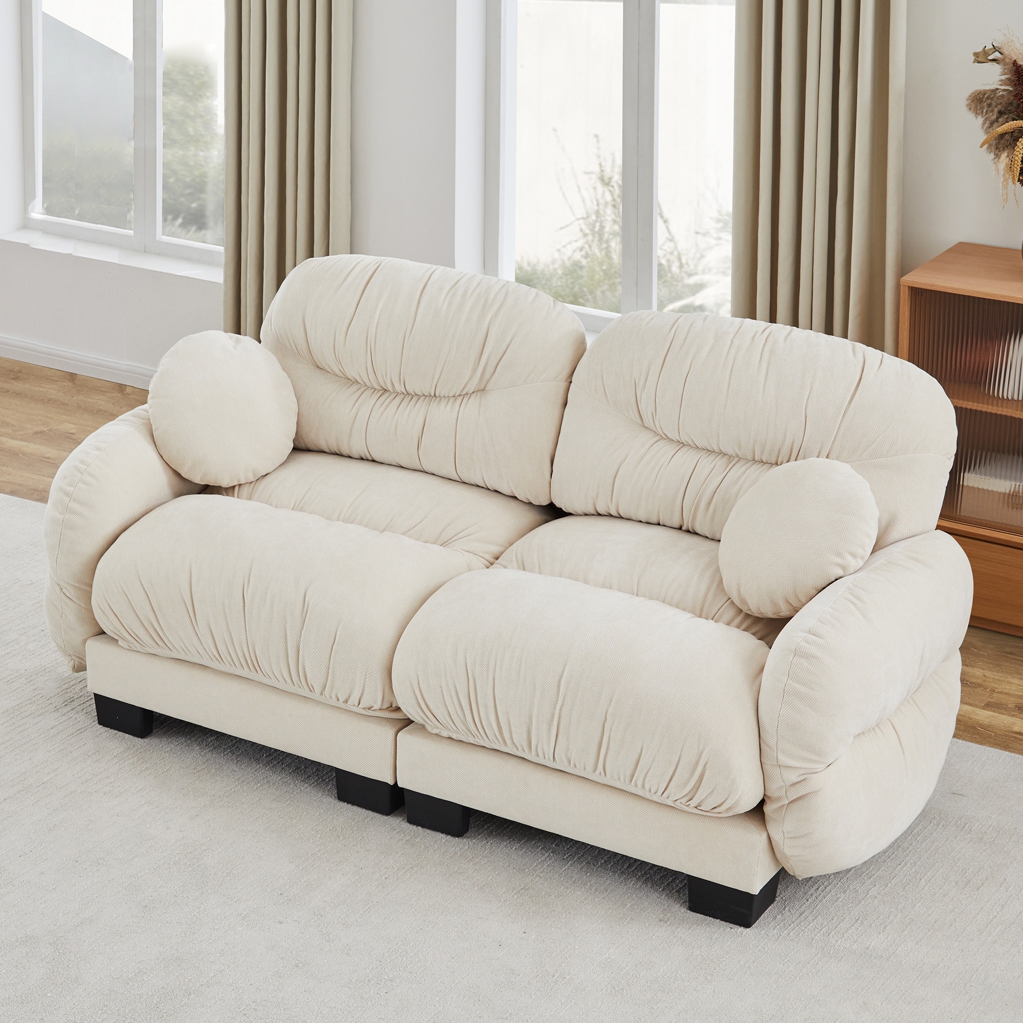 2 Seater Modular Sofa with Round Armrests, Loveseat Sofa Couch Accent Couch with 2 Round Throw Pillows