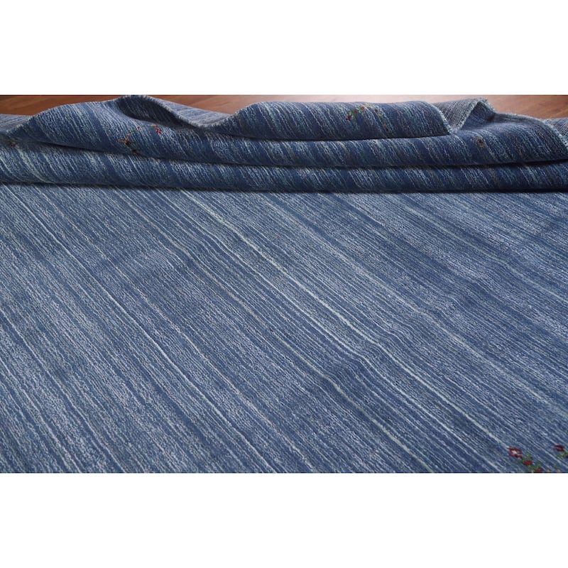 Striped Blue Gabbeh Indian Area Rug Handmade Wool Carpet - 8'0"x 9'8"