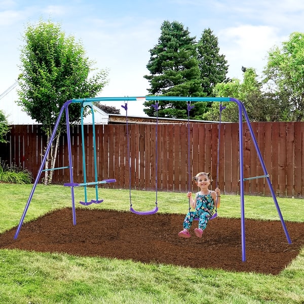 slide 2 of 14, Outsunny Outdoor Swing Set for Backyard with 2-Person Swing and 2 Swings, Playground Equipment Outdoor Playset Purple