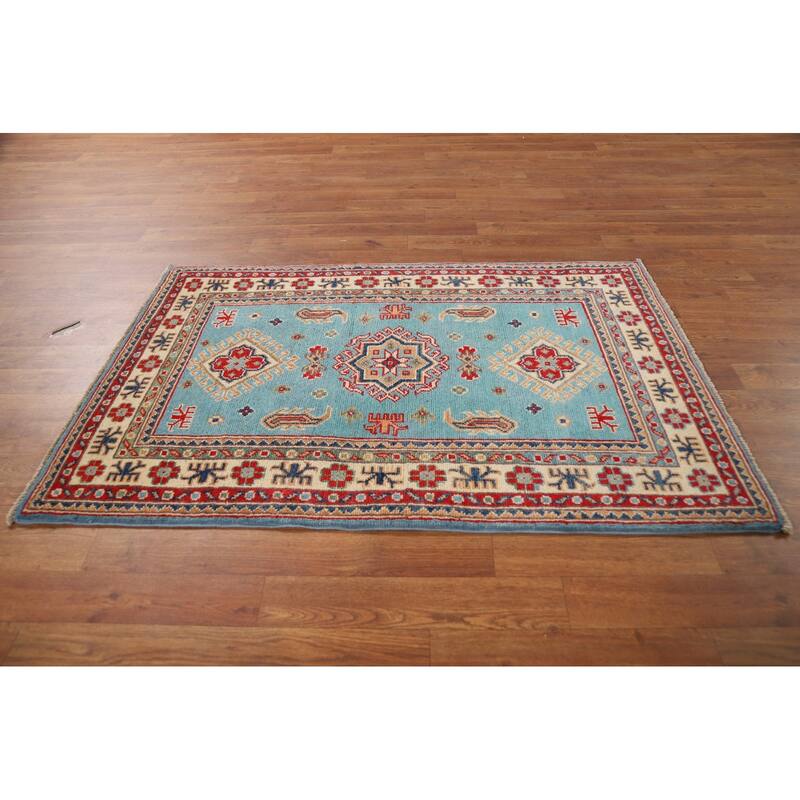 Light Blue Kazak Foyer Rug Geometric Hand-Knotted Wool Carpet - 2'8"x 4'2"