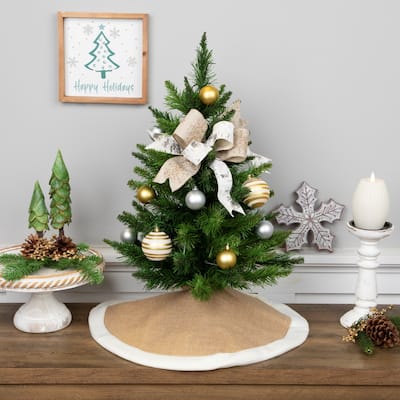 20" Beige Burlap Mini Christmas Tree Skirt with Fleece Border - 20