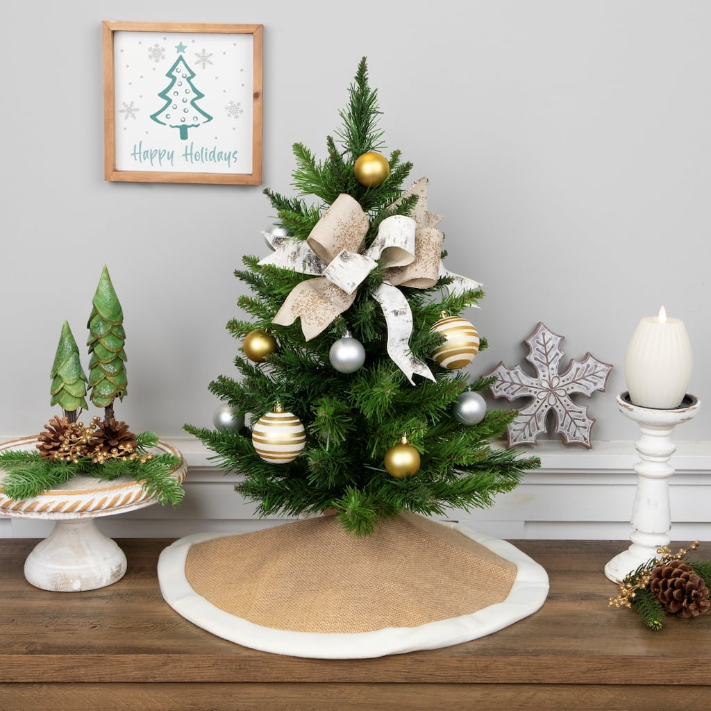 20" Beige Burlap Mini Christmas Tree Skirt with Fleece Border - 20