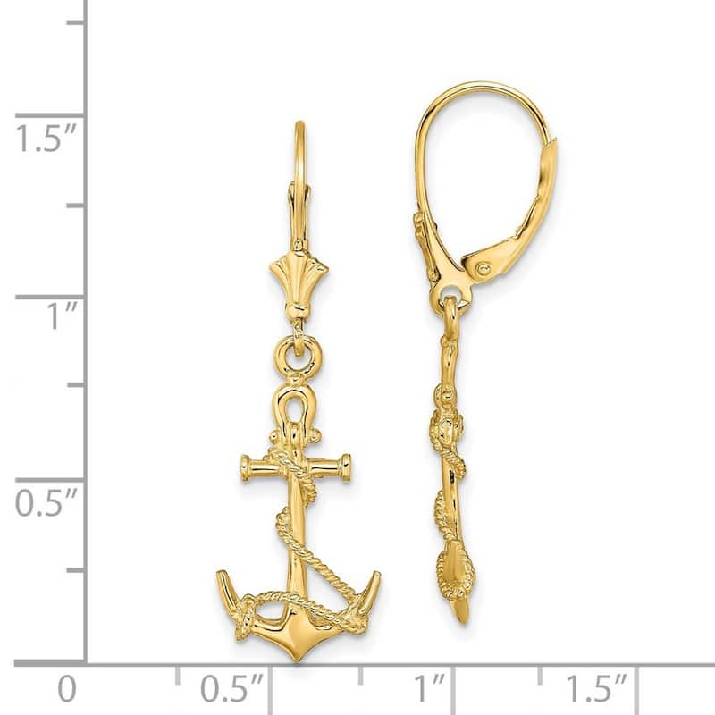 Curata 14k Gold 3 d Nautical Ship Mariner Anchor With Shackle and Entwined Rope Leverback Earrings - 37.5mm long