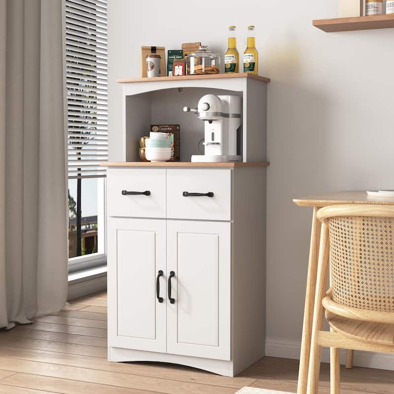 White Wooden Kitchen Pantry Cabinet with Microwave Shelf, Drawer and Closed Cabinets, Pantry Room Storage Microwave Cabinet