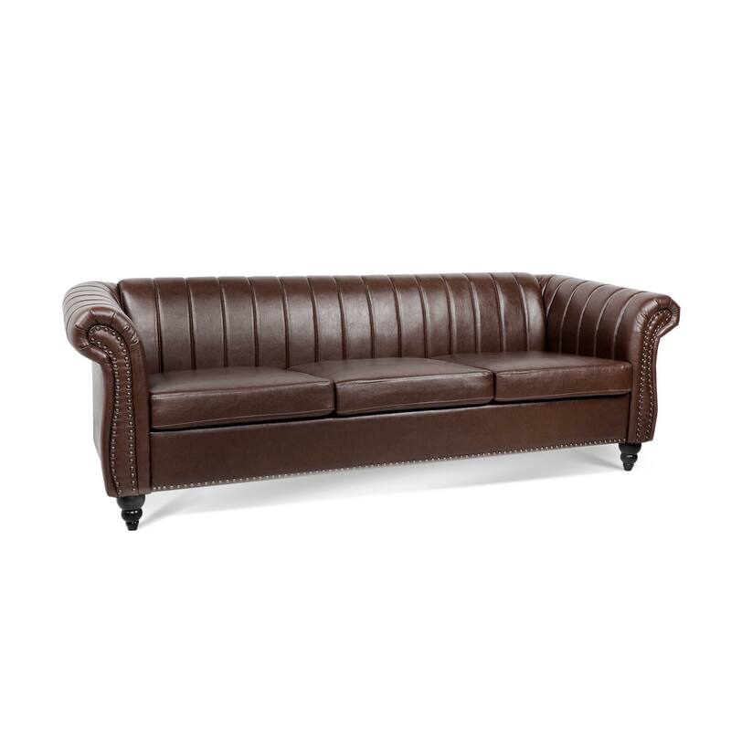 Chesterfield Sofa 83.46" with PU Leather, Quilted Backrest, Birch Legs