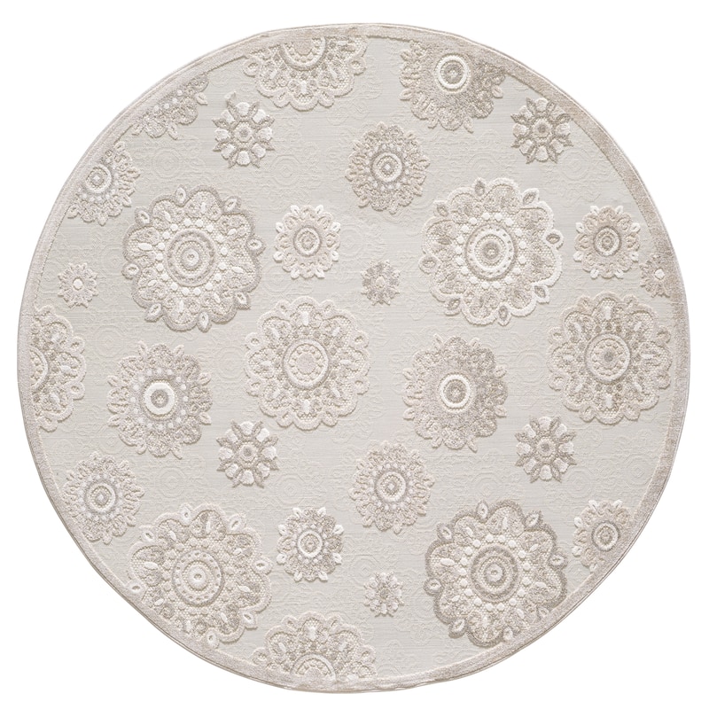 Domani Napa Mid-Century Floral Indoor / Outdoor Area Rug - 7'10' Round - Taupe