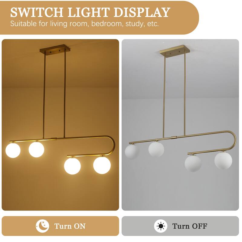4-Light Modern Hanging Island Linear Chandelier Lighting Fixture with Glass Shade for Kitchen Foyer Dining Room
