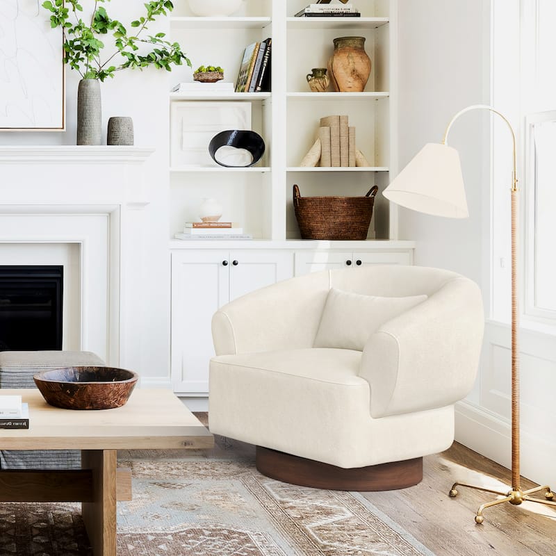 Modern Swivel Barrel Accent Chair with Solid Wood Base with Chenille Upholstery Armchair - Beige