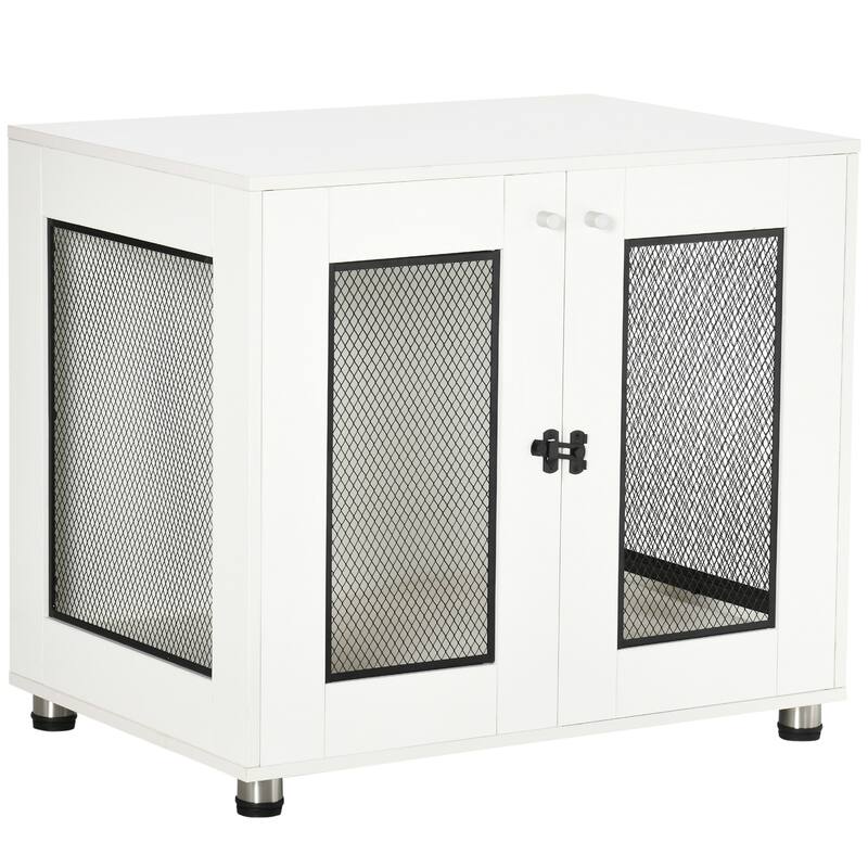 PawHut Dog Crate Furniture with Water-resistant Cushion, Dog Crate End Table with Double Doors - white - Assembly Required