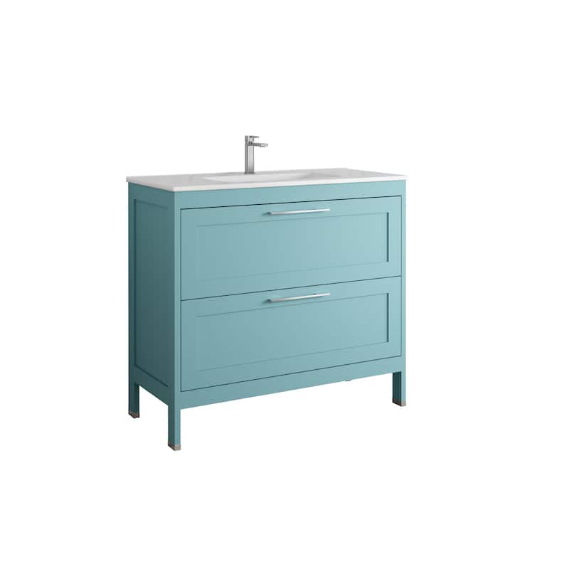 HomeRoots 40" Blue Wood Freestanding Bathroom Vanity With White Sink And Two Drawers - 40.00 in. x 35.06 in. x 17.75 in.