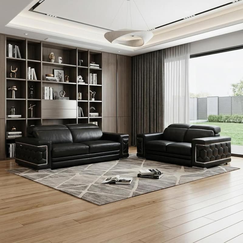 HomeRoots Two Piece Indoor Black Italian Leather Five Person Seating Set - Black