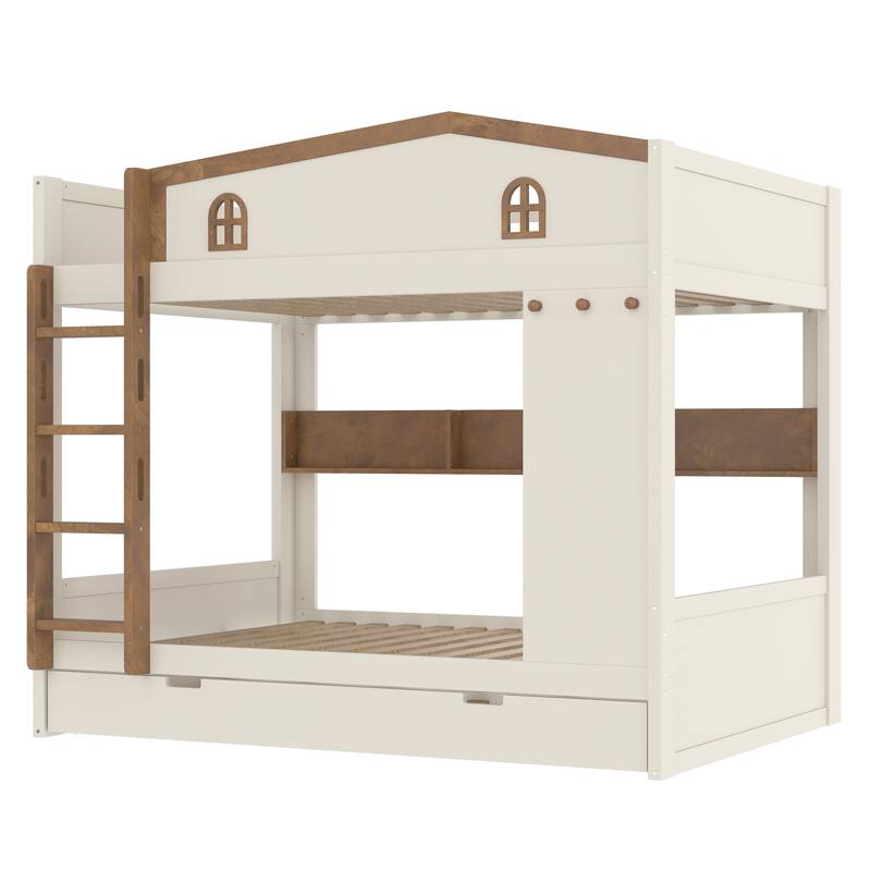 House-shaped Bunk Bed with Hooks, Storage Shelves, Safety Guardrails and Optional with Underbed Drawers or Trundle Bed