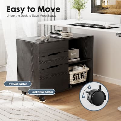 Mobile Lateral File Cabinet & Printer Stand with 3 Drawers and 2 Open Shelves