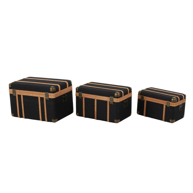 Fabric Decorative Trunk with Brass Metal Latches and Brown Wooden Accents - Set of 3 Black - Roche River Decor