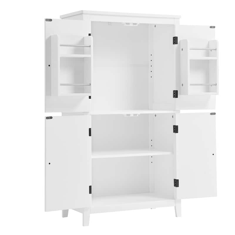 Floor Storage Cabinet, Bathroom Freestanding Cabinet with 4 Doors, Door Racks and Adjustable Shelves - Anti-tipping Device