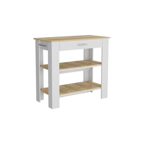 White Kitchen Island w/ 2 Layer Storage Rack & Drawer Coffee Table