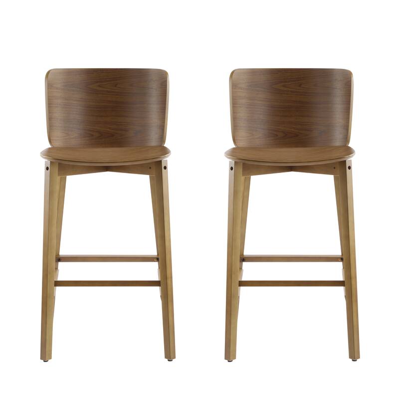 Set of 2 Solid Wood Bar Stools with Ergonomic Curved Backrest and Seat