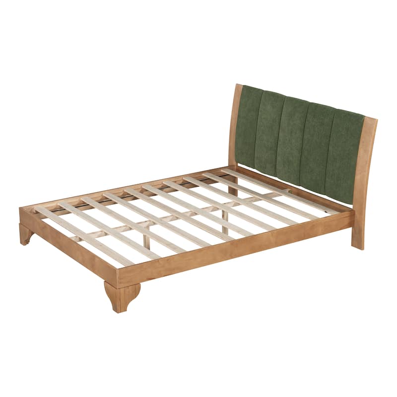 Pine Wood Bed Frame Mid Century Modern Platform Bed with Green Upholstered Headboard, Wood Slat Support Low Profile Wingback Bed