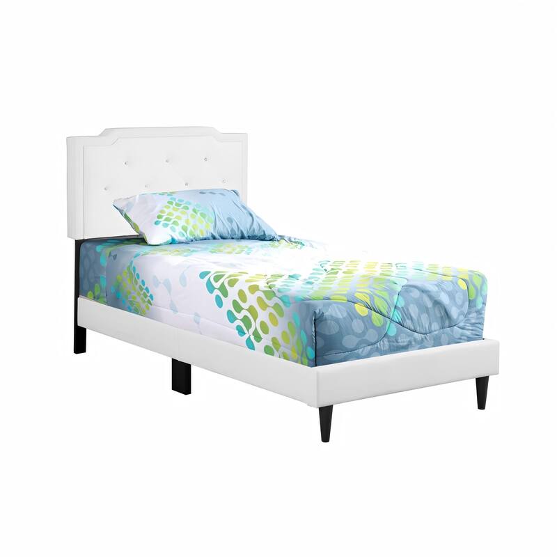 White Twin Bed with Tufted Headboard and Adjustable Height, All in One Box