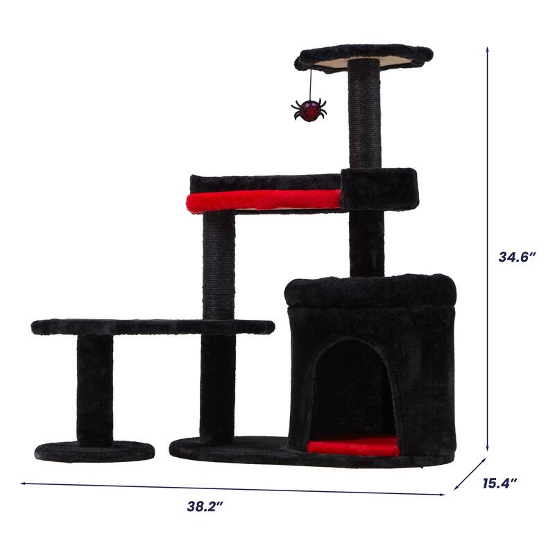 EROMMY Gothic Cat Tree,34.6" H Cat Tree Tower With Cat Scratching Post For Indoor Cats,Halloween Pet Furniture,Black With Red