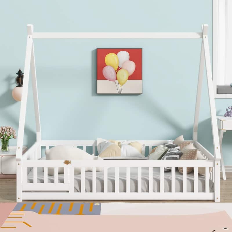 Full Size Rubber Wood Tent-shaped Floor Bed with Guardrails,Slats and Door - White