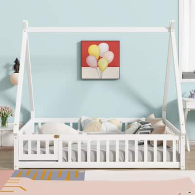 Full Size Rubber Wood Tent-shaped Floor Bed with Guardrails,Slats and Door