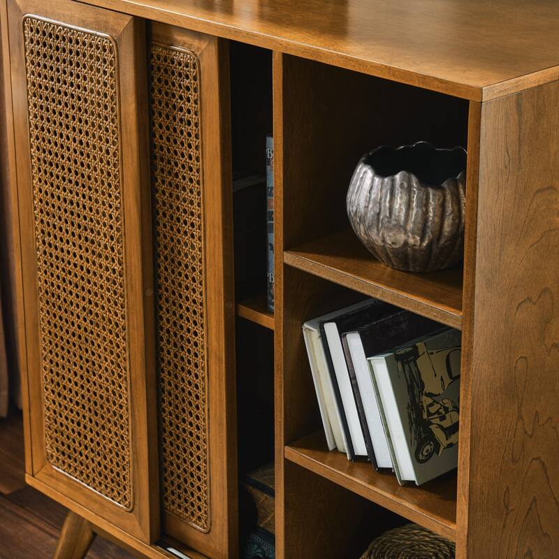 Mid-Century Rattan Sideboard with Adjustable Shelves & Solid Wood Legs (Light Wood)